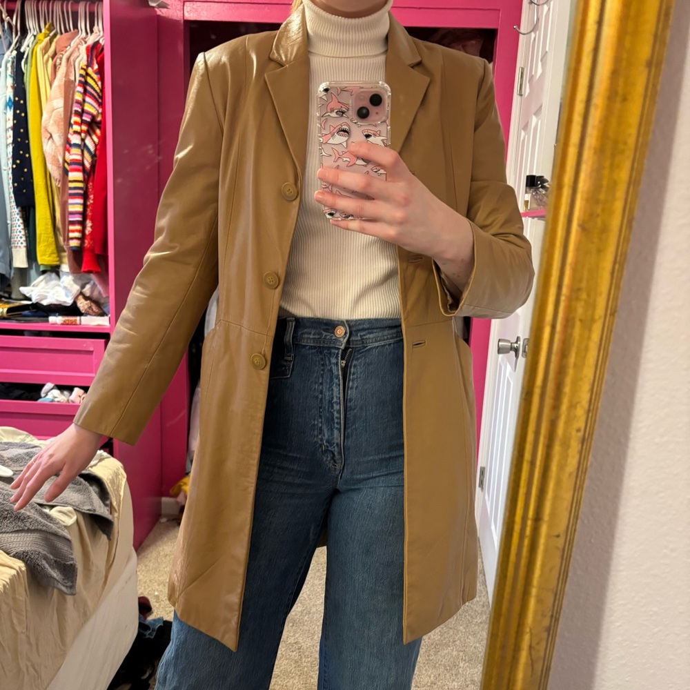 Wilsons tan long leather jacket trench blazer